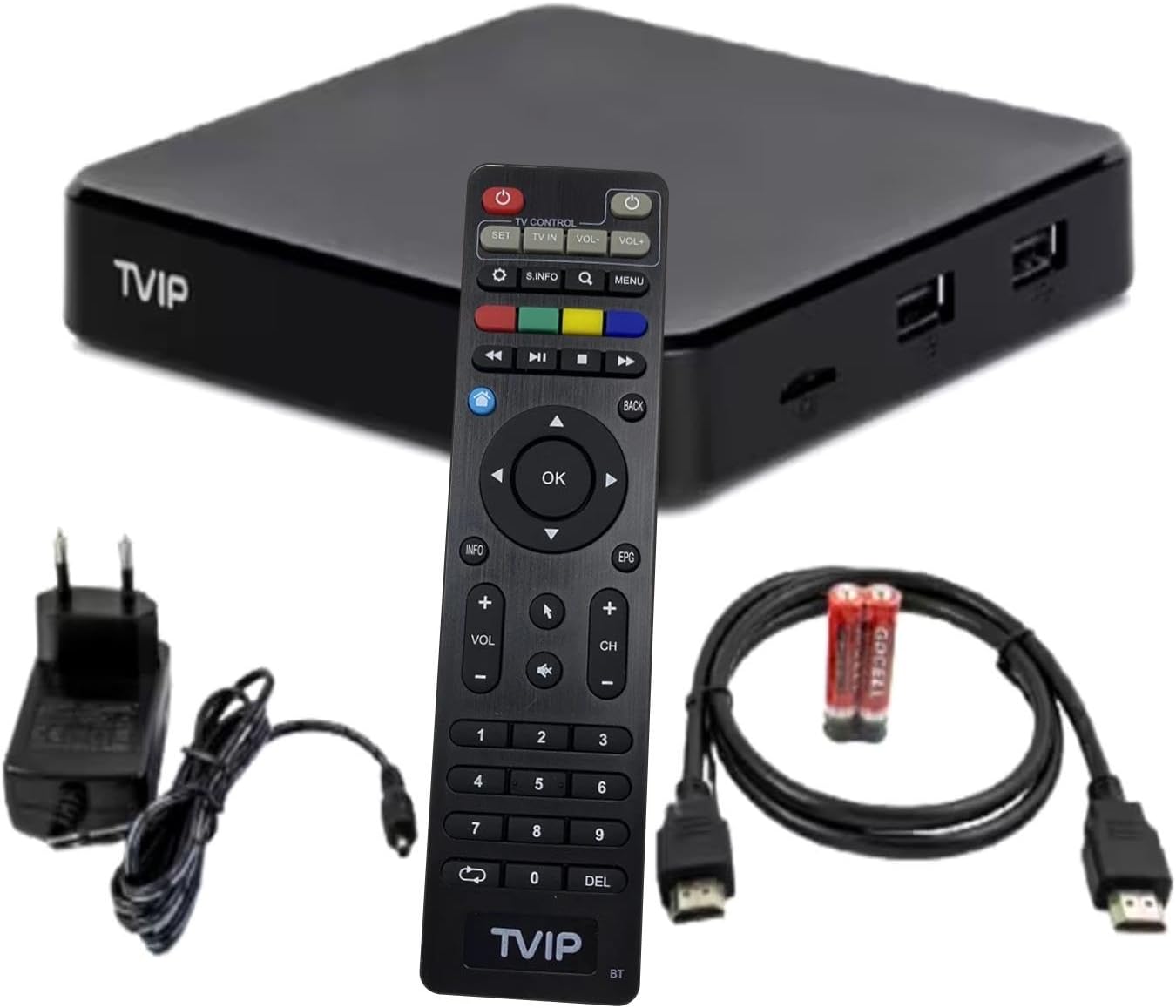 Contents of the Meentek TVIP 705 box including device, remote, cables, and power adapter