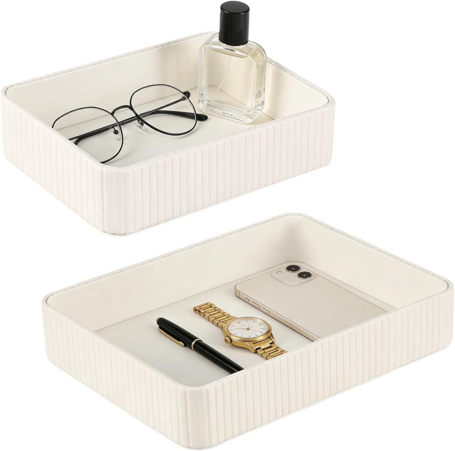 2 Pcs PU Leather Valet Tray Set, Large and Small Nightstand Organizer Tray, Modern Decorative Trinket Dish Key Bowl for Entryway, Living Room, Bedroom, Bathroom