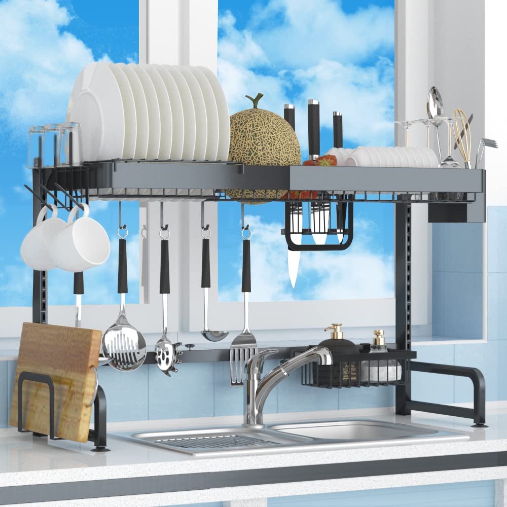 XHJBaby Dish Drying Rack Over Sink, Adjustable Length(25.6-38.6inch) Black Stainless Steel Large Dish Drainer with Utensil Holder,Cutting Board Holder for Kitchen Counter Organizer Storage