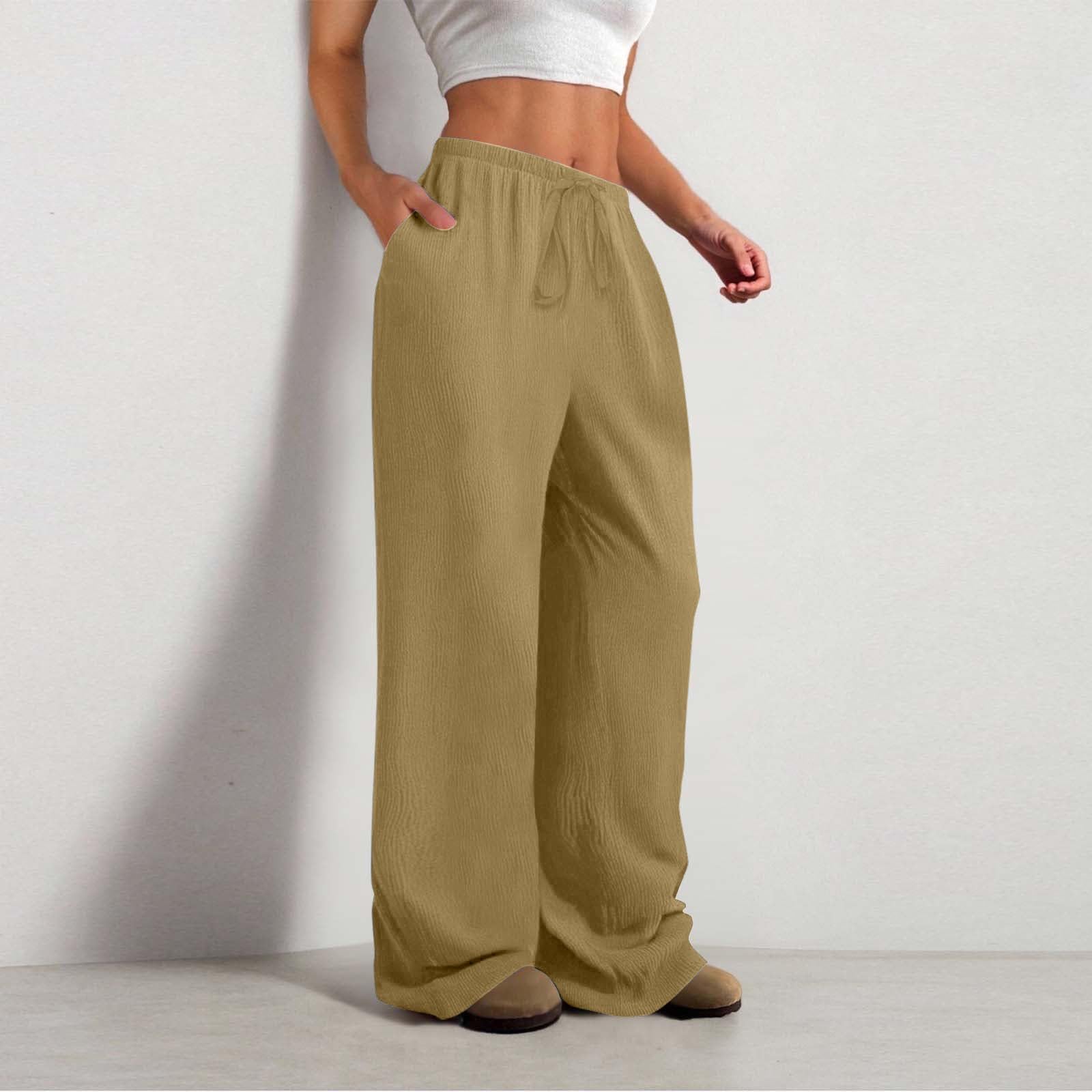 Pantalon Fluide Femme Été Fluide Plissé Taille Haute Elastique Décontractés Pantalons Mode Confortable Jogging Plage Rétro Pants Léger Respirant Pantalon avec Poches