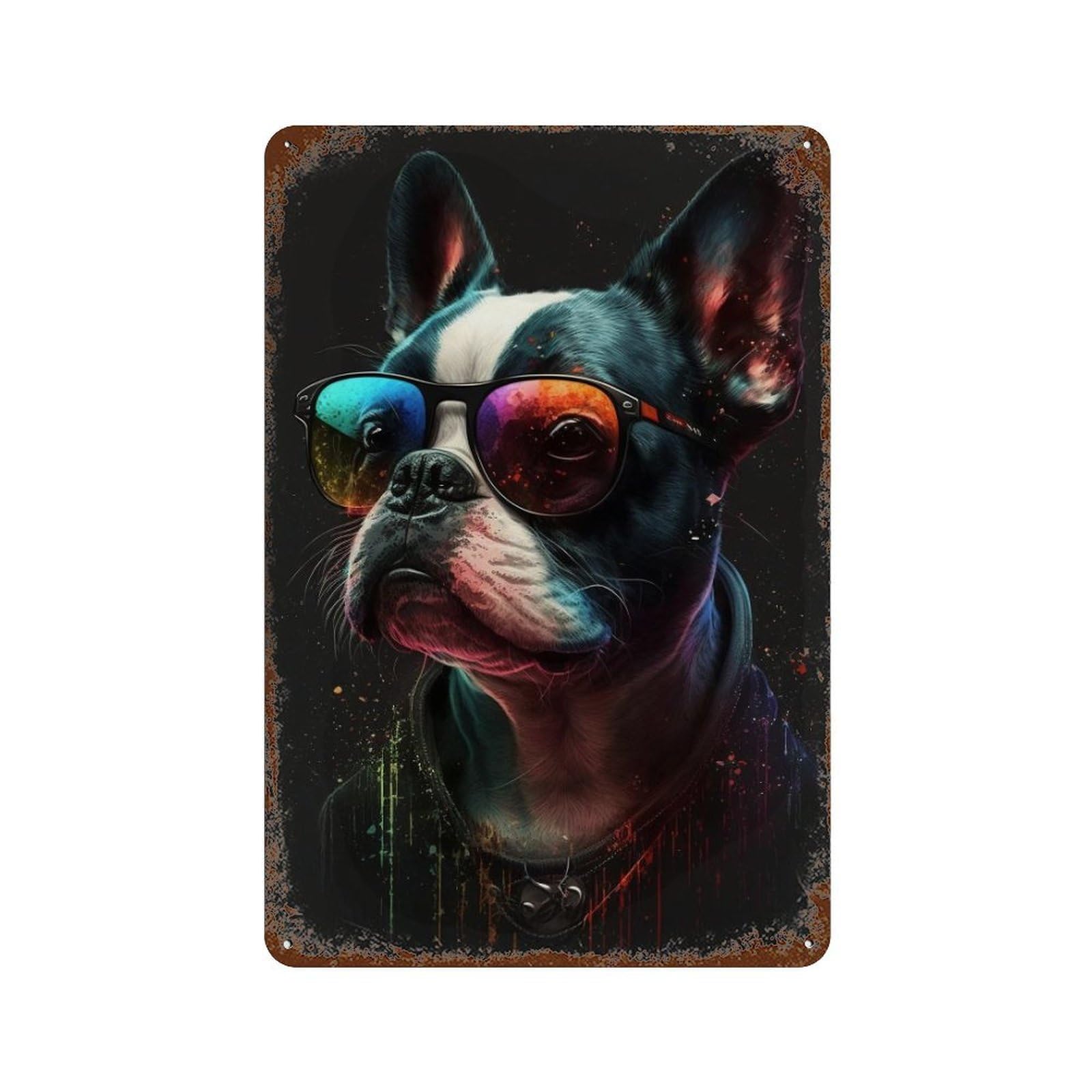 Colorful Bulldog Sunglasses Art Print Decorative Tin Sign 11.8"x7.9", Shabby Chic Decor for Garage, Pub Or Kitchen