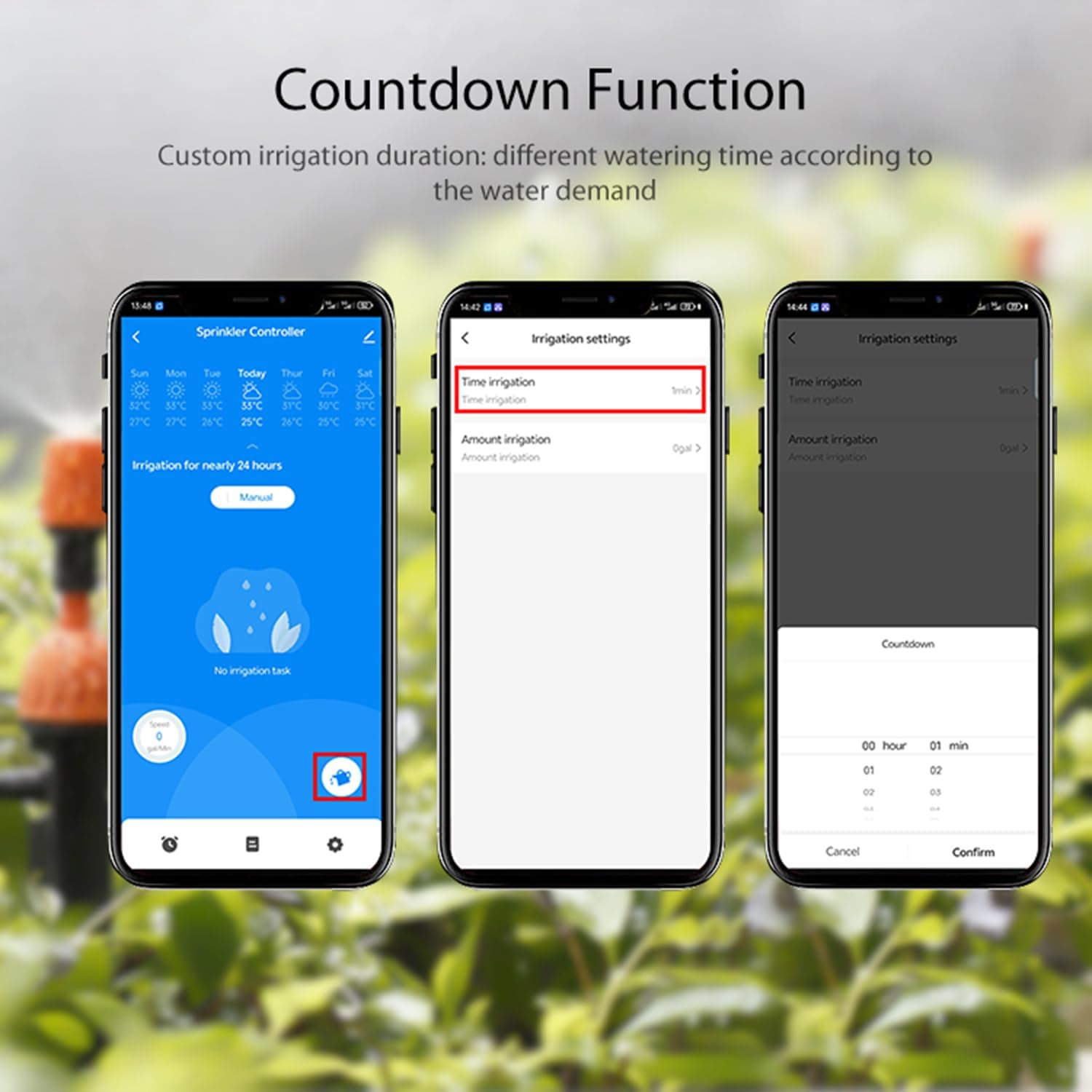 Screenshot of the app showing a countdown for watering and weather forecast.