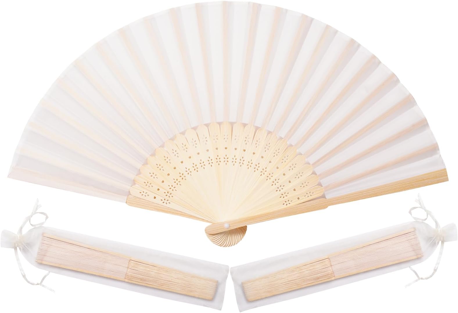 Sepwedd 50pcs Cream-Coloured Imitated Silk Fabric Bamboo Folded Hand Fan Bridal Dancing Props Church Wedding Party Favors with Organza Bags