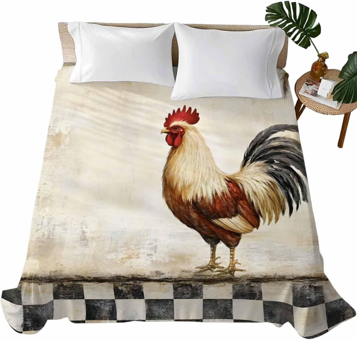 Full Size Flat Sheet Only, Vintage Rooster Soft Brushed Microfiber Bed Sheets, Watercolor Pastoral Animals Buffalo Hotel Quality Breathable Bedding Top Sheet, Easy Care, 66"x102"