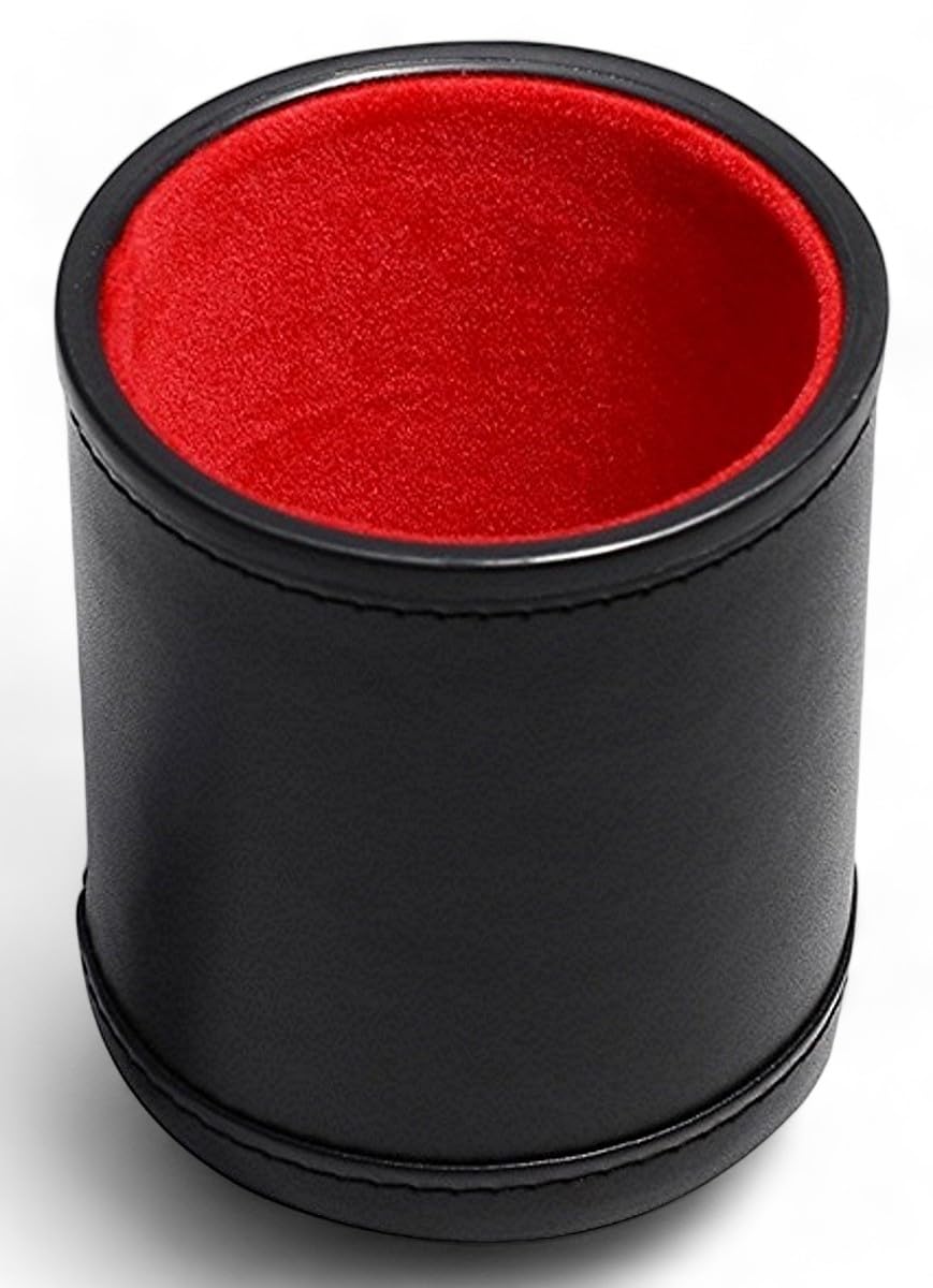 Cyber-Deals Würfelbecher aus schwarzem PU-Leder mit rotem Filzfutter und spanischen Poker-Würfeln in Aufbewahrungstasche, Set (3 Sets)
