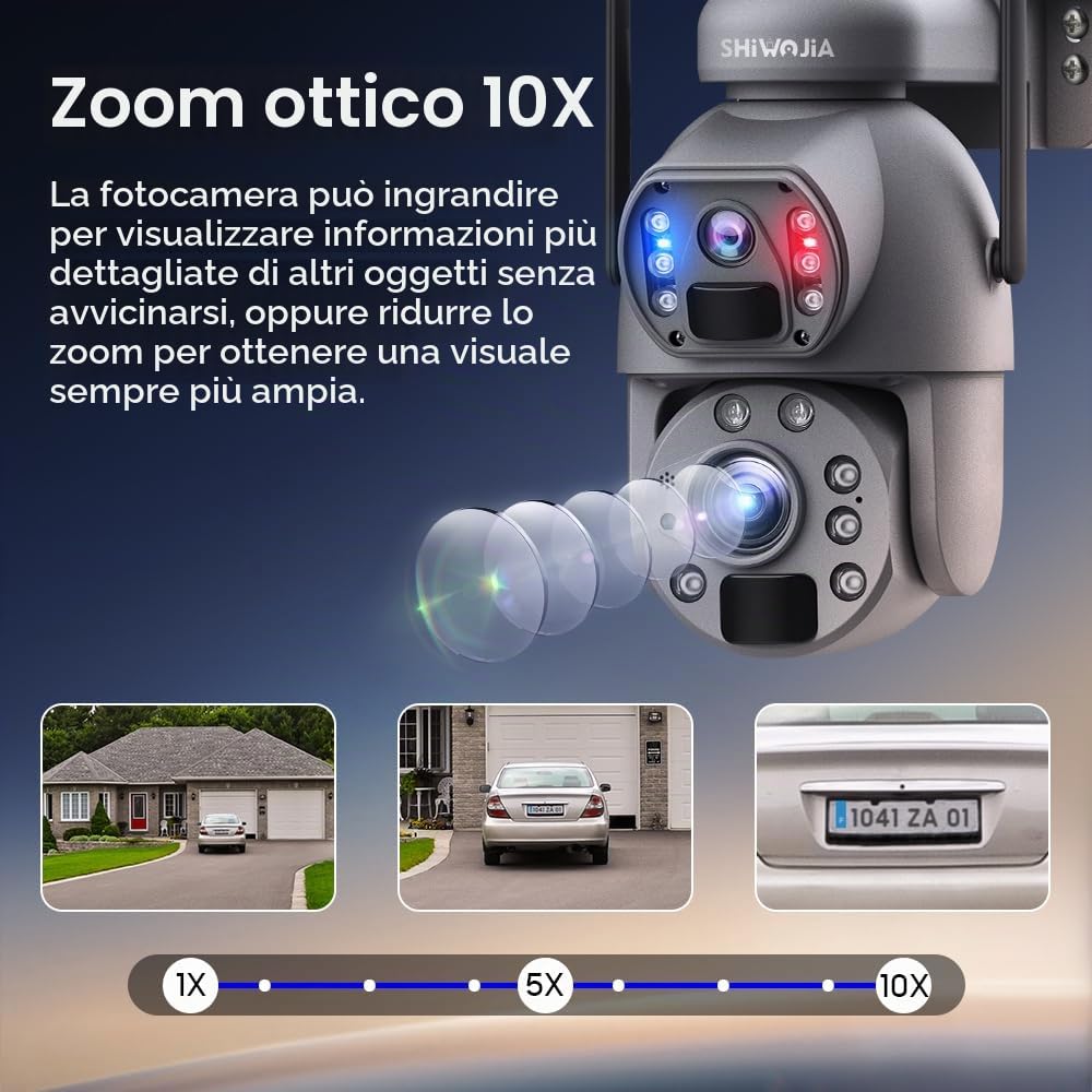 SHIWOJIA 20X Telecamera di Sorveglianza 4G Esterna, 6MP 360° PTZ Telecamera da Esterno Solare con Doppia Lente, Batteria Ricaricabile, 150m Visione Notturna a Colori, PIR Rilevamento Intelligente