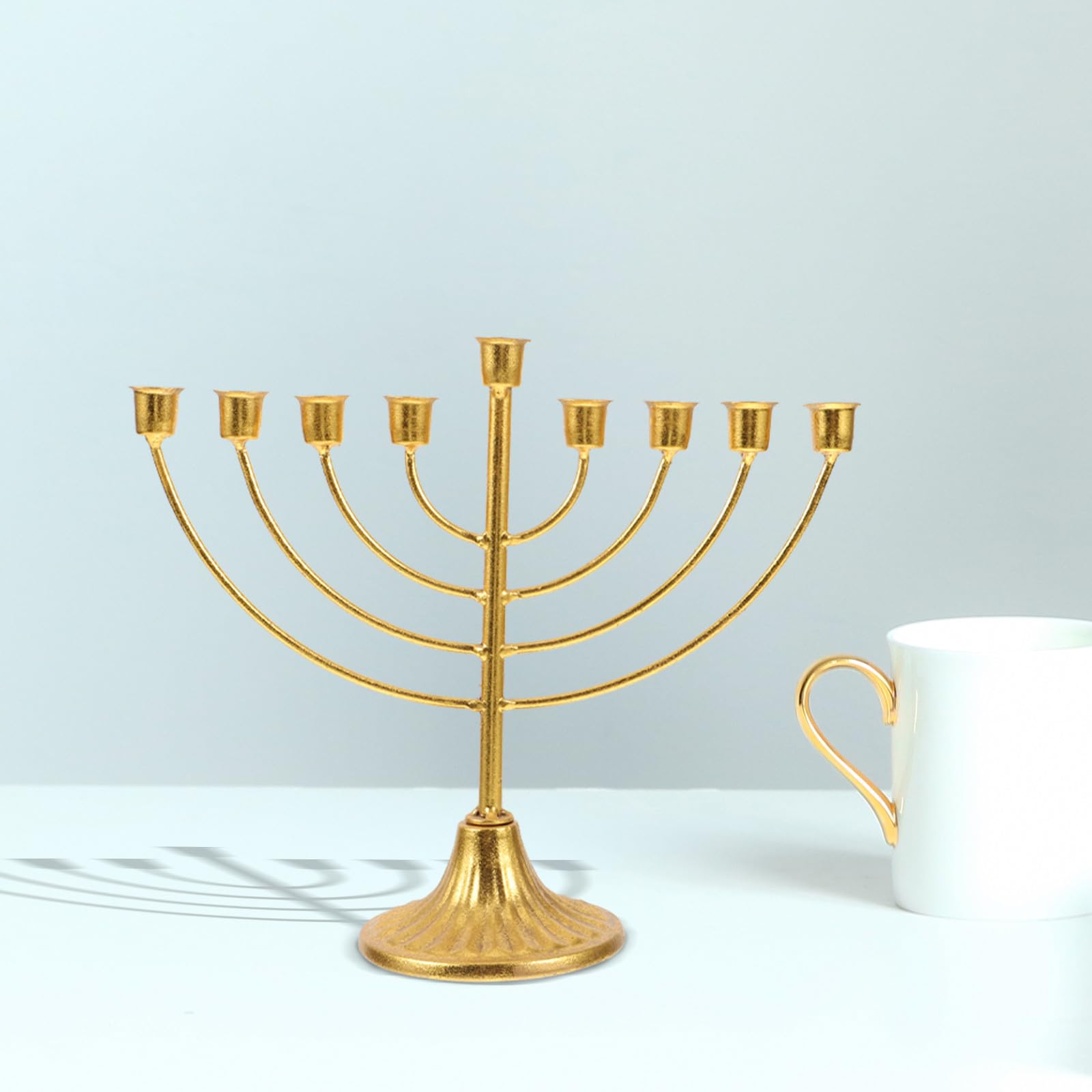 Menorah Ebraico a 9 Bracci, Candelabro in Ferro Dorato, Ornamenti da Tavolo per Decorazione Casa