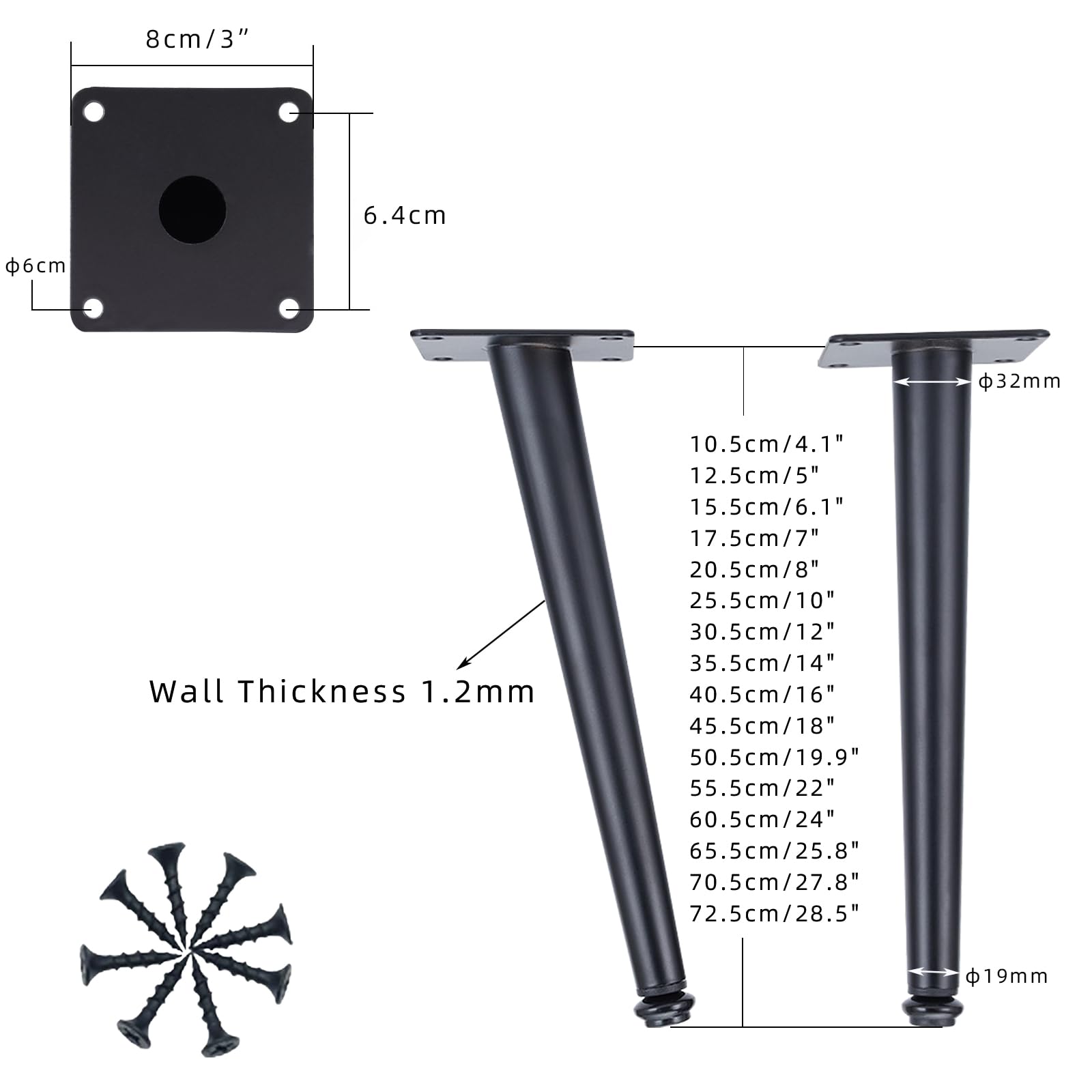 Piedini per Tavolo Conici Di Ricambio 4 Pezzi Piedini Regolabili per Tavolo Acciaio Laminato A Freddo Nero Vernice Spray Piedini per Divano Altezza: 10,5-72,5 cm Piedini per Mobile 50,5 cm/19,9"