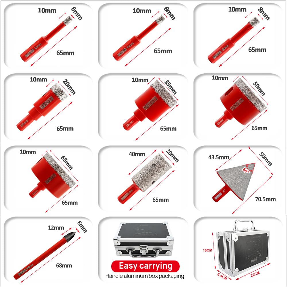 DT-DIATOOL Diamond Tile Hole Saw Kit - Diamond Drill Bits with Triangle Shank 6/6/8/20/35/50/65mm + 6mm Positioning Drill Bit+20mm Milling Bit+50mm Chamfer Bit for Porcelain Tile Marble