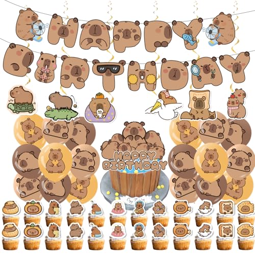 Image of Capybara Birthday Decoration Set, Cute Animal Happy Birthday Banner, Capybara Party Supplies with Banner, Hanging Swirl, Cupcake Topper, Cake Topper, Balloon