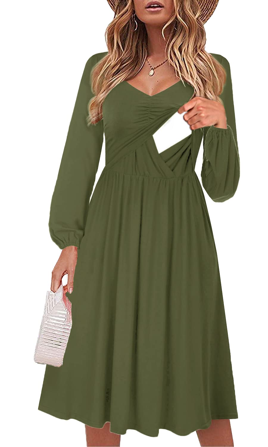 CzzzyL Womens Nursing Dresses Breast Feeding V Neck Long Sleeve Knee Length Breast Feeding