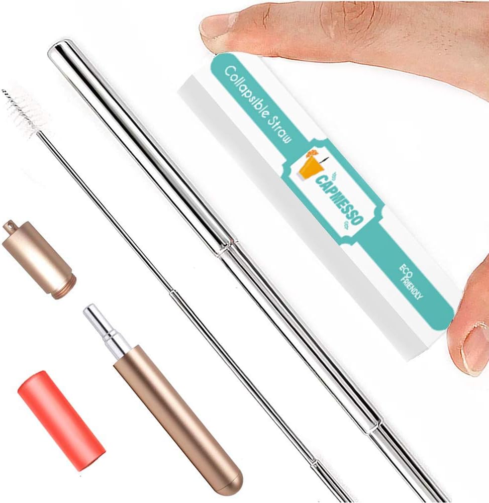 Reusable Collapsible Straws, CAPMESSO Portable Metal Straws Stainless Steel Drinking Straws Premium Food-Grade Foldable Straw with Silicone Tip & Cleaning Brush & Aluminum Case& Keyring