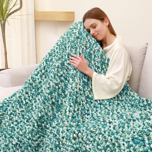 Image of #6 Super Bulky Blanket Yarn for Crocheting - 4 Skeins(Each 10.5oz /300g, 220yds /201m), Chunky Chenille Thick Plush Big Soft Yarn for Crocheting Knitting Blankets, Forest & Teal & Sky & Mint