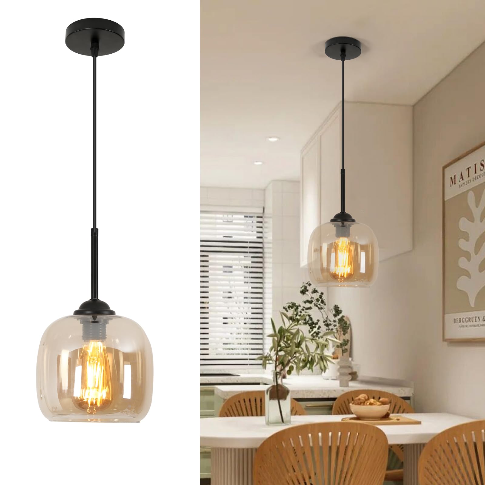 Lámpara colgante Vintage, Lámpara de Techo de vidrio ámbar, Cable Colgante Ajustablepara, Lámpara colgante para Comedor, Dormitorio, Café, Barra (E27,Sin bombillas)