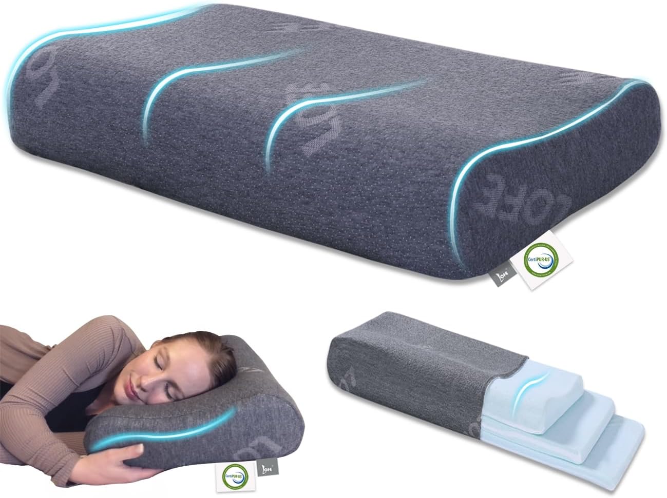 Contour Pillow - Adjustable Memory Foam Pillows 8 Heights, Medium Firm Supportive Cervical Pillow, CertiPUR-US Side Sleeper Pillow, A Removable Cover