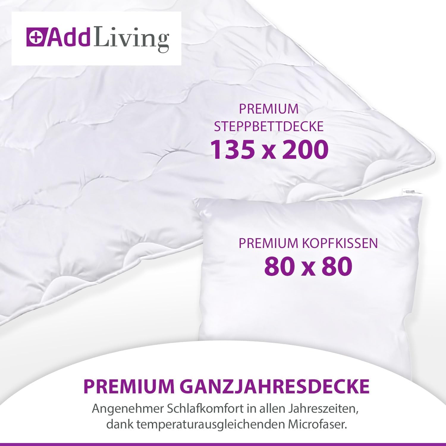 Premium Steppbettdecke & Kopfkissen Bettenset Für Allergiker Waschbar Ganzjahresdecke Vierjahreszeiten-Bett mit Klimafaser Steppdecke (135 x 200cm - 2er Set)