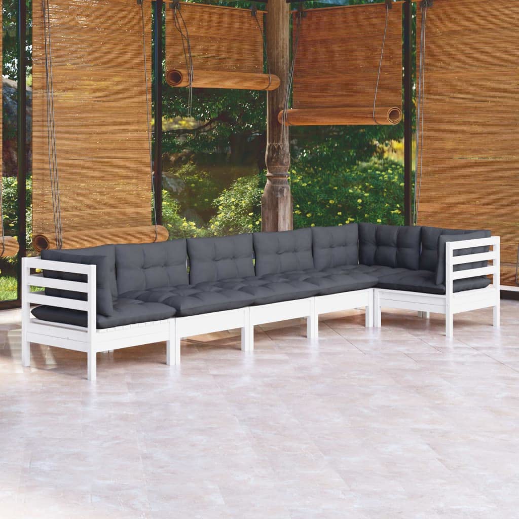 Juego de 6 muebles de jardín de madera de pino blanco, muebles de exterior con cojines de antracita, sofá modular para terraza, ideal para relajarse en el jardín, balcón, patio, máx. 110 kg