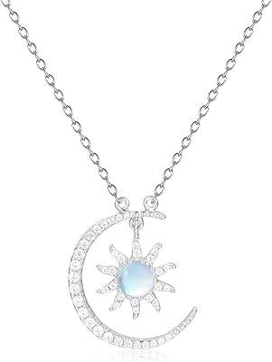 White Opal Necklace Genuine 925 Sterling Silver Pendant Moon and Sun Necklaces Bridal Wedding Jewelry Handmade Necklace Christmas Gift for Women Girls 16+2 inches Extender