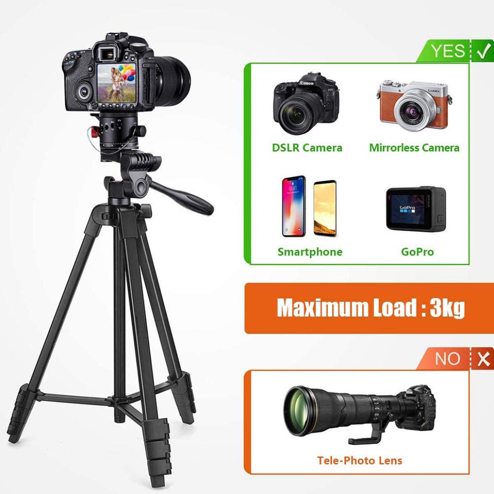 Treppiedi da 140 cm con supporto per telefono cellulare e telecomando da viaggio per telefoni cellulari e fotocamere con borsa per il trasporto