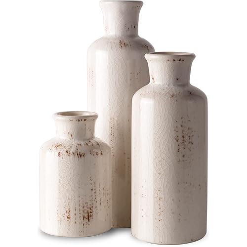 Ceramic Vase Set - 3 Small Vases,KAYLYNN Ceramic Vases for Rustic Home Decor, Living Room Decor, Table Décor, Bookshelf, Mantel Decor, Vases for Centerpieces, Vases for Flowers, Decorative