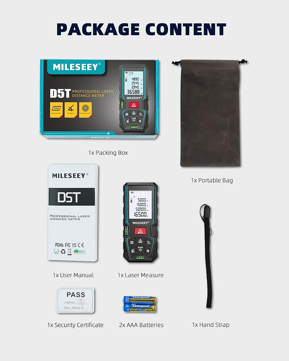 Laser Measure Device 50M, MiLESEEY Laser Distance Meter With 2 Spirit Level Bubbles, ±2mm Accuracy, 2 inch LCD Backlight, Pythagorean Mode, Measure Distance, Area/Volume Calculation — view 8