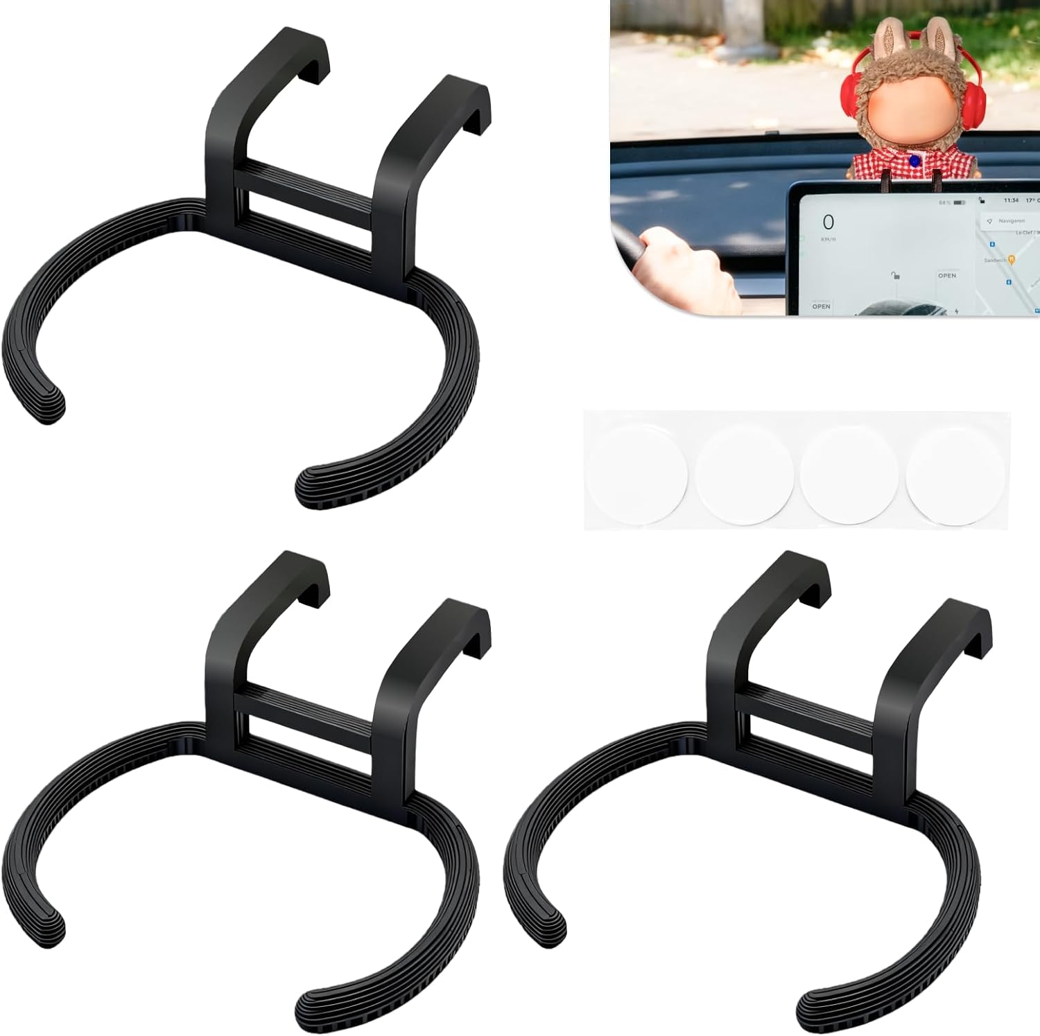 3Pcs 3D Printed Car Screen Hook Holders for Labubu Big into Energy Series, Doll Display Accessories for Dashboard or Computer Monitor, Black Display Stand for 6.7-inch Dolls, 0.71 Inch Hook Clip