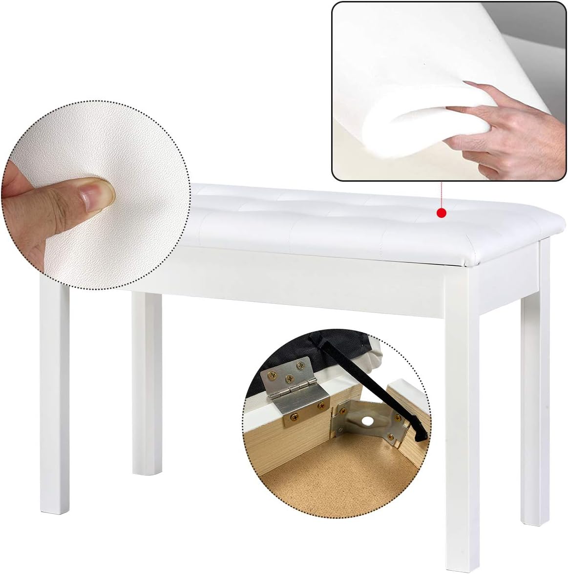 Doubleblack Piano Stool Double Duet With Music Storage Faux Leather Bench Wide Seat Solid Wood 74.5 x 32.5 x 47.5 CM (White)