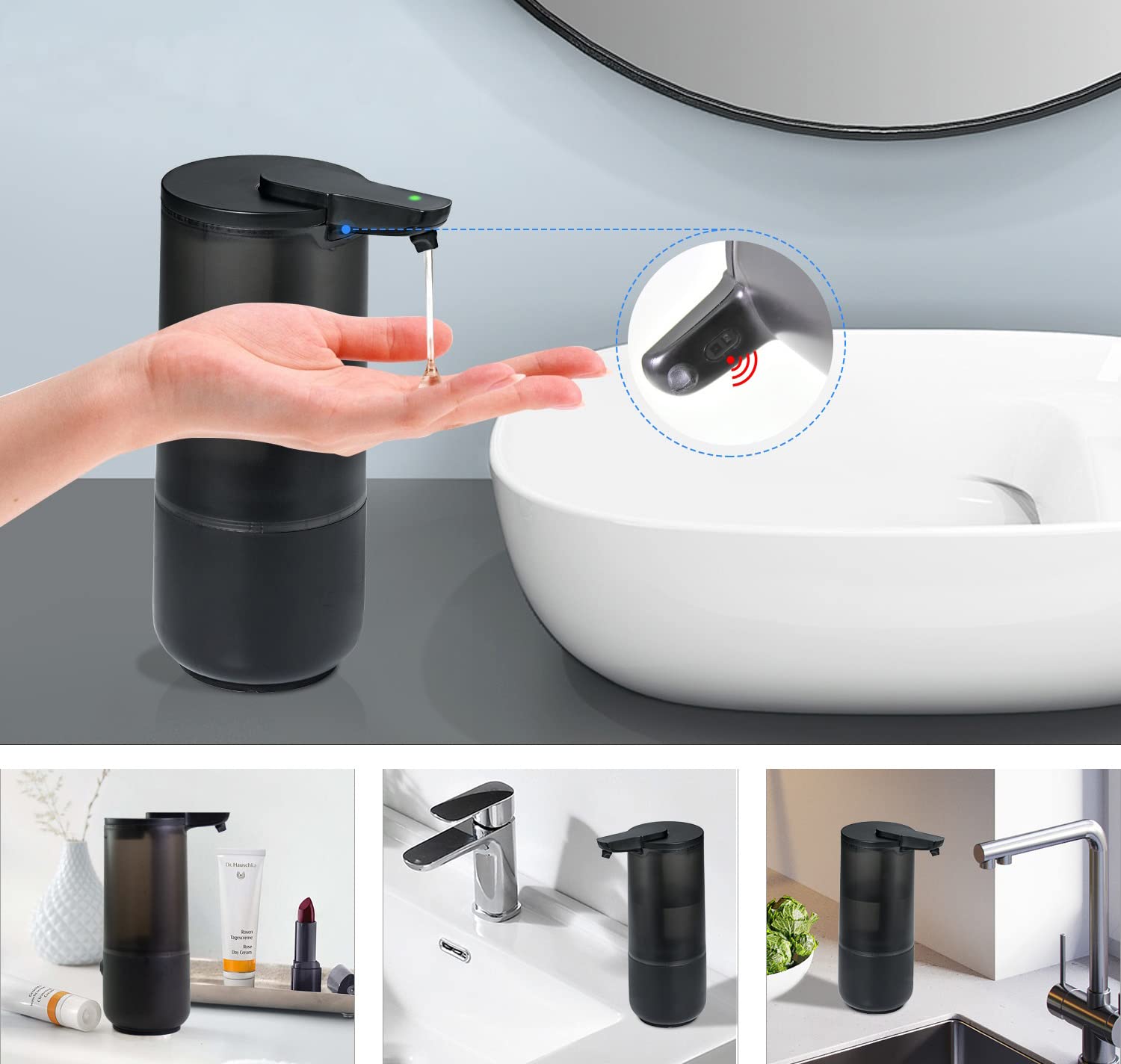 Bernstein Dispenser di sapone automatico SP1 con sensore, senza contatto, 250 ml, classe di protezione IPX6, dosatore automatico, dispenser di sapone nero