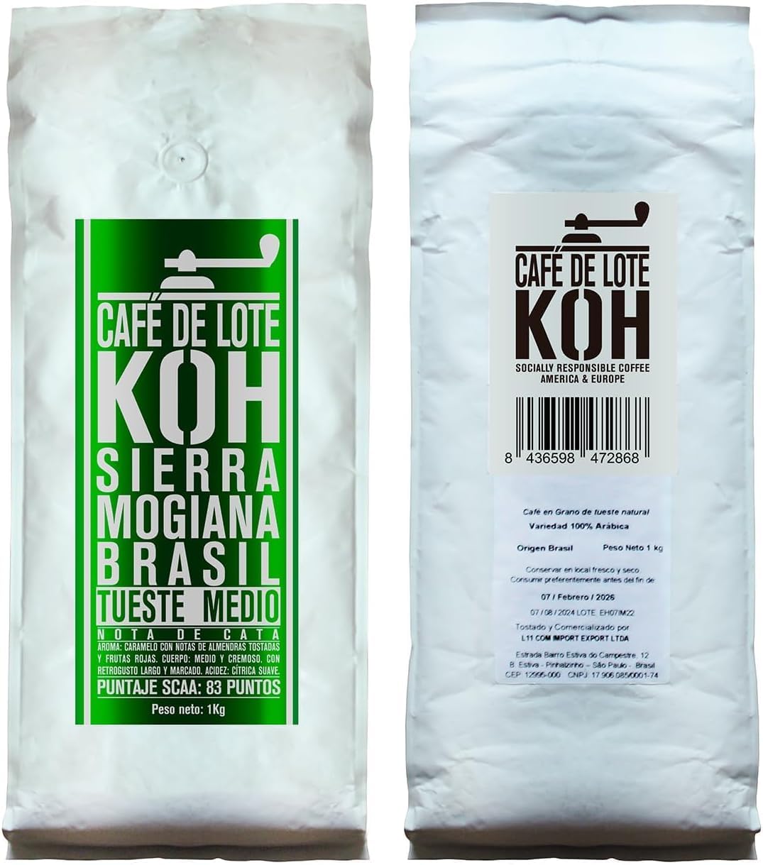 KoffeeONHOME Café en Grano 100% Arábica, Brasil, Tueste Natural Claro, 2 Paquetes de 1 Kg - 2 Kg