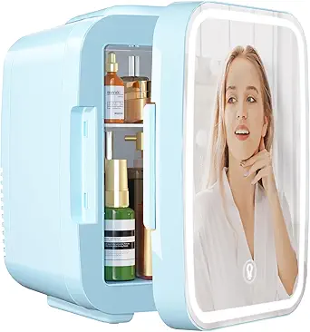 YASHE Skincare Fridge Mini Fridge for Bedroom with Dimmable LED Mirror, 4Liter/6 Cans Cooler and Warmer for Makeup, Cosmetic, Beauty, Portable Refrigerator for Bedroom, Vanity, Office and Car- Blue