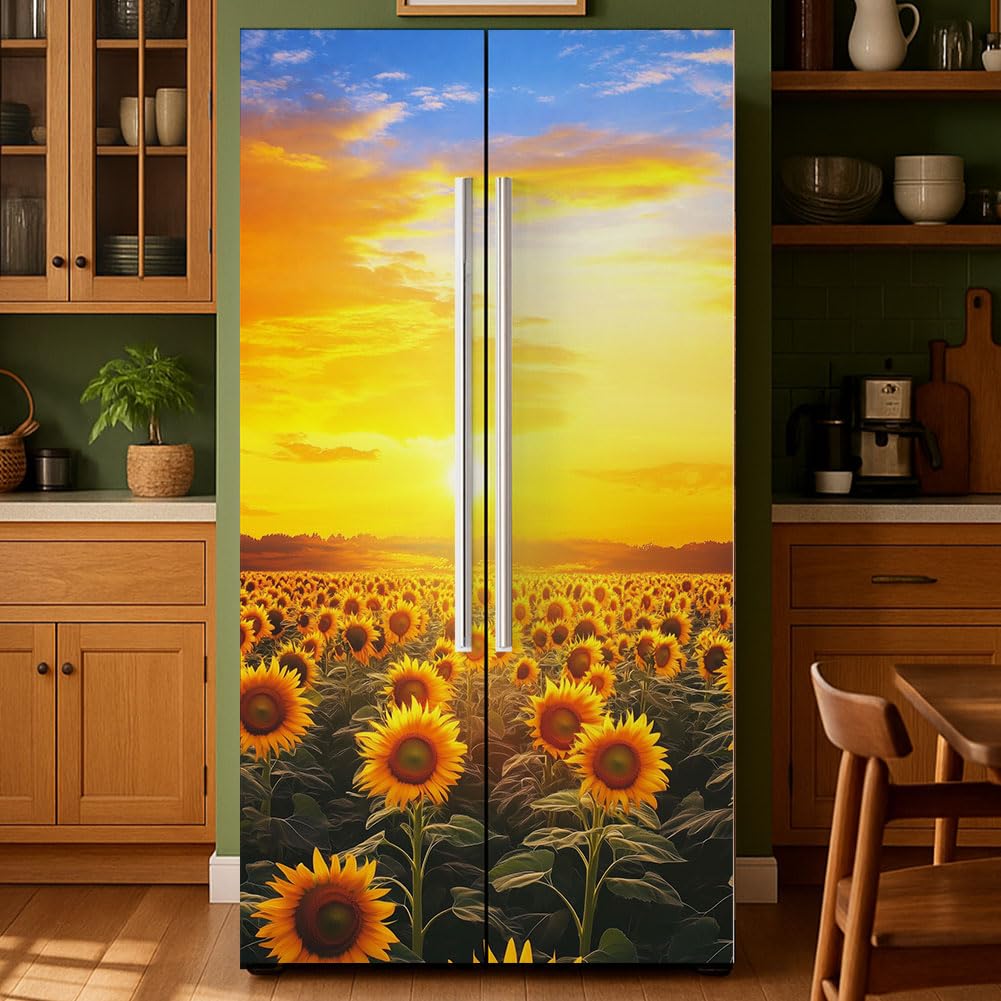 GOMAKERER 2 Pcs Sunflower Field Removable Refrigerator Wraps, Floral Landscape Self-Adhesive Fridge Door Mural Vinyl Freezers Panel Cover Sticker for Kitchen Bar Decor, 16.34x78.74 Inch