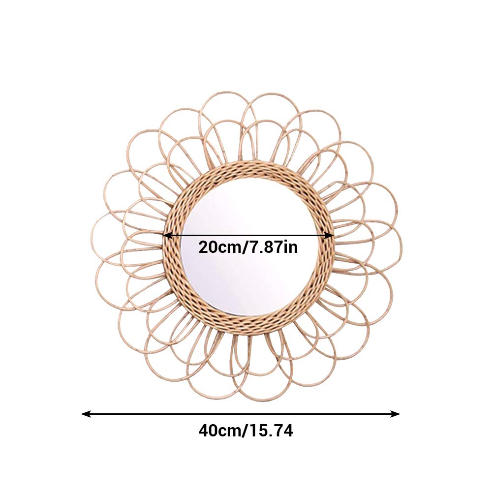 AWOME Hängespiegel, Rattan, Sonnenblume, rund, Wandspiegel, Dekoration, Boho, Korbgeflecht, Schminkspiegel, 40 cm