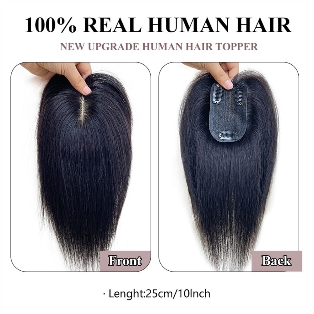 Topper for capelli umani da donna 7×10 cm legati a mano traspiranti con base in seta, clip invisibile da 10" nei posticci(Dark brown)