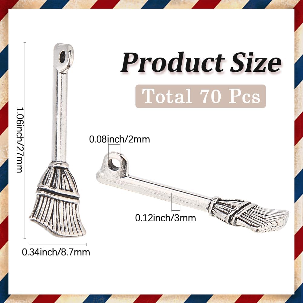 SUNNYCLUE 1 Box 70Pcs Broom Charm Bulk Witch Broom Charms Antique Tibetan Silver Small Halloween Prop Broomstick Cleaning Tools Pendants for Jewelry Making Supplies Crafts DIY Necklace Earrings Women - Image 2