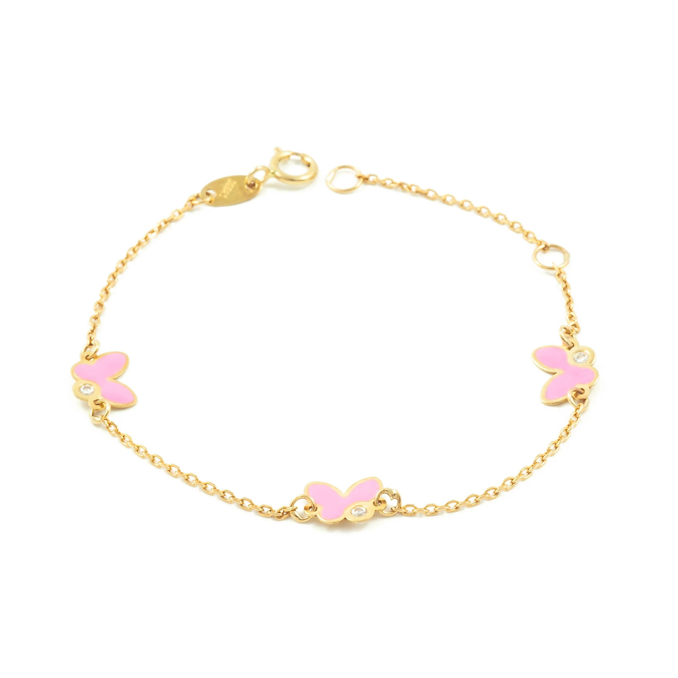 Monde Petit Bracciale bambina farfalle smaltato rosa - oro giallo 9k (375) - Scatola Regalo - Certificato di garanzia
