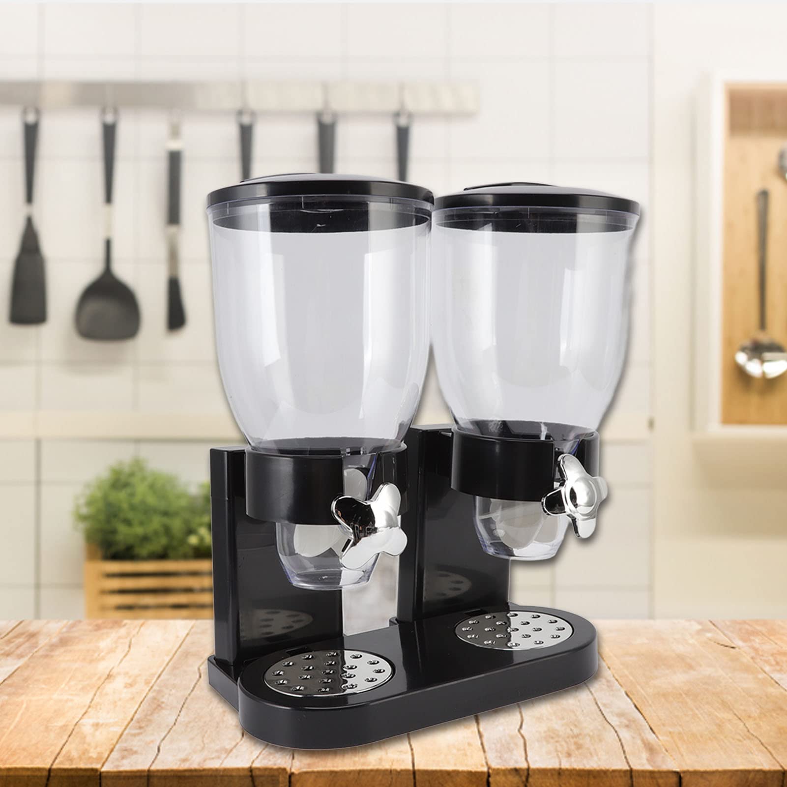Dispensador de Cereales para Encimera, ABS, Dispensador de Alimentos Secos, 2 Botes, 7L, Control de Porciones Hermético, Almacenamiento para Familias de Despensa de Cocina (BLACK)