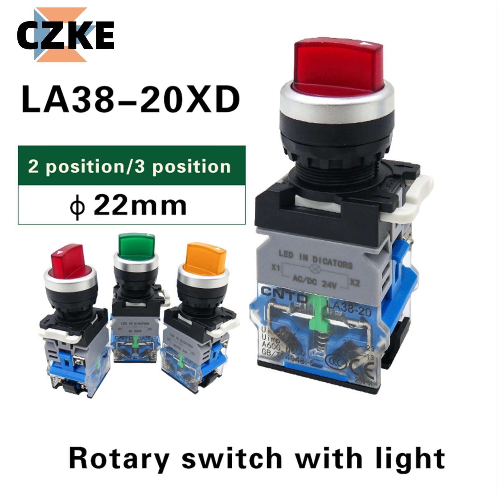 LA38 2NO Rotatif illuminé 22mm Bouton Poussoir 2 Positions 3 Positions sélecteur maintenu interrupteurs d'éclairage avec Lampe (Color : Red 2no, Size : AC DC24V)