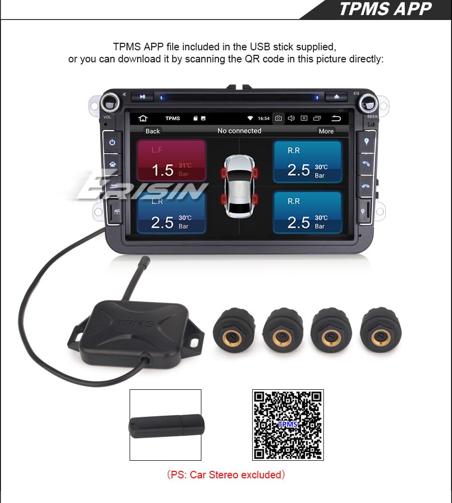 ERISIN USB TPMS Modul Reifendruck 4 Sensor für Android 10/11 / 12/13 Autoradio