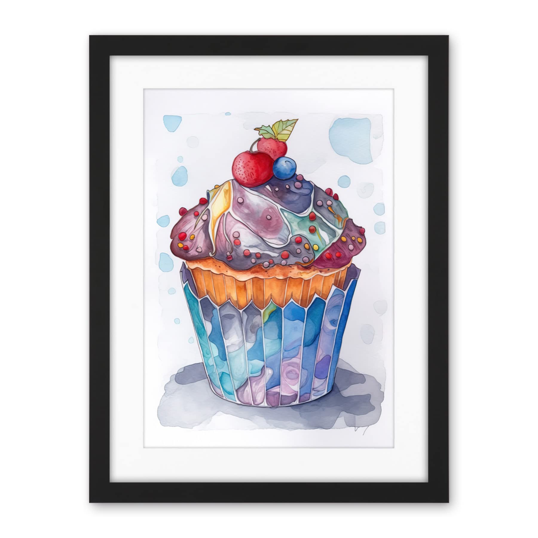 Artery8 Cupcake Icing With Fruit Folk Art Watercolour Painting Artwork Framed Wall Art Print 18X24 Inch