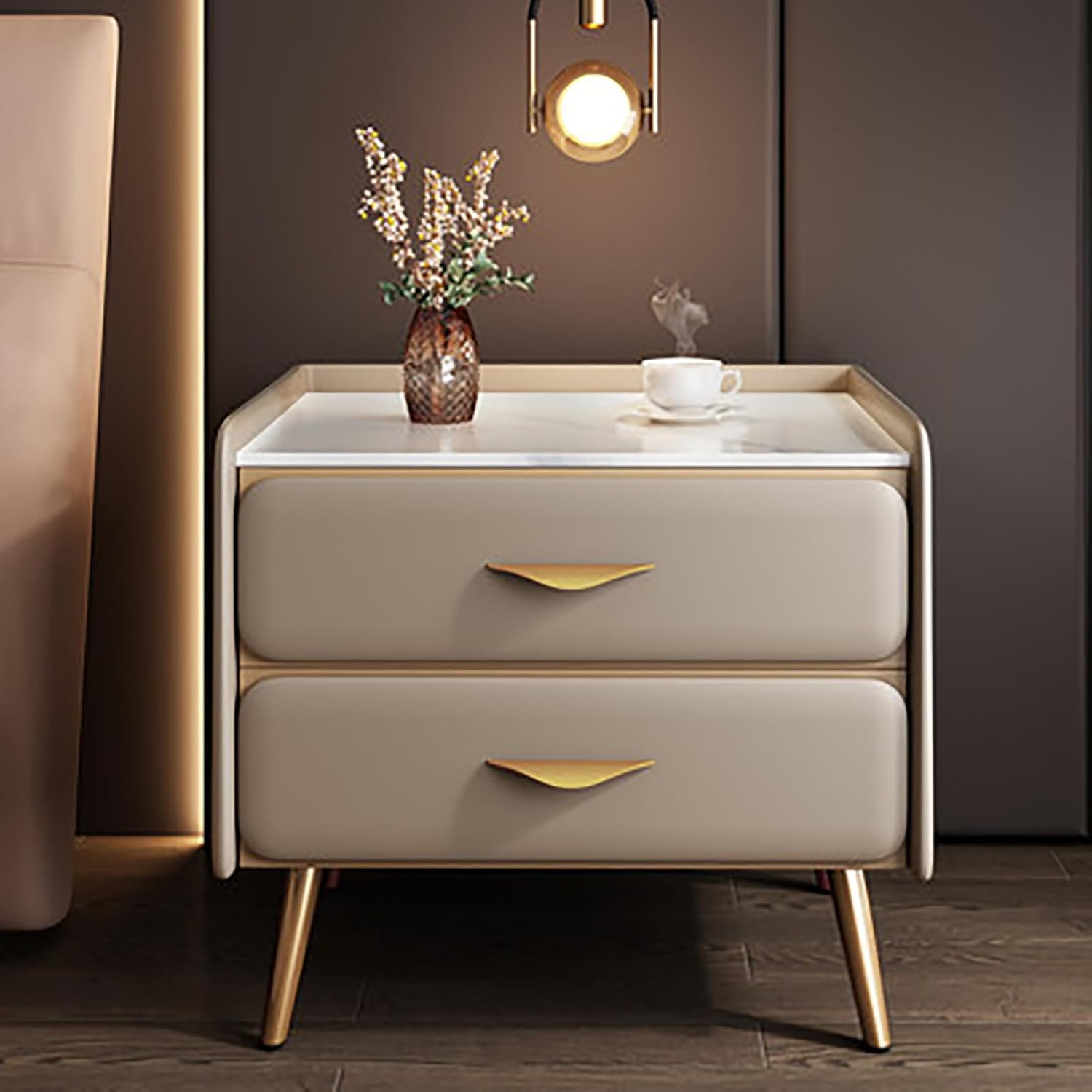 Luxury Bedside Table with Pu Leather Finish & Faux Marble
