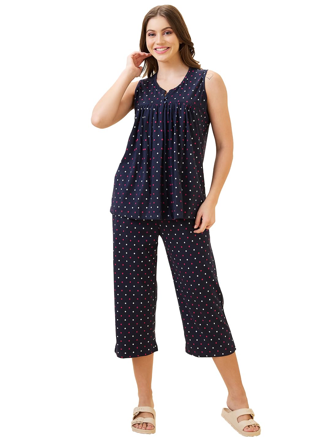 Women's Cotton Printed Round Neck Short Sleeve Night Suit Set | Capri Set | Casual Night Dress for Women-2894