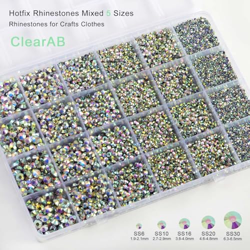 Image of Hotfix Rhinestones Kit,Clear AB, Mixed 5 Sizes 14400pcs | AB Hot Fix Crystals, for Bedazzling Clothes Crafts, with Wax Pencil,Tweezers and Spoon,SS6-SS30