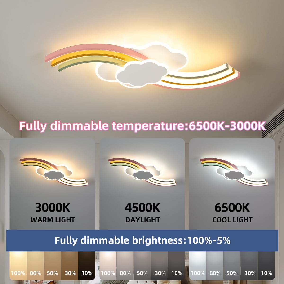 Lámpara de techo para habitación infantil 62 cm, luz LED con mando a distancia, nube creativa, lámpara de techo arcoíris, 3000 K-6000 K, intensidad variable, temporizador y luz nocturna para