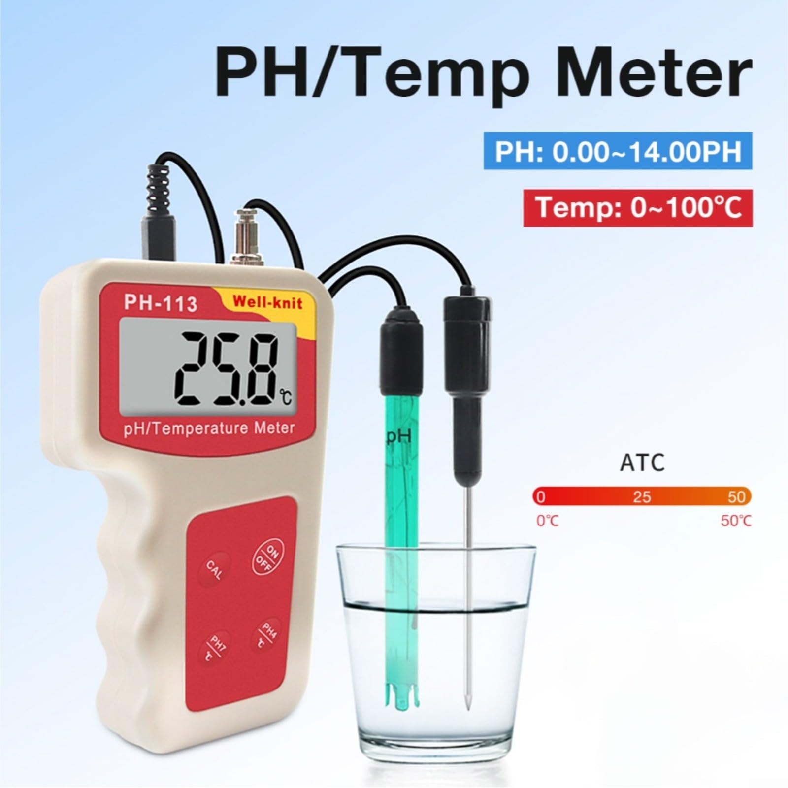Tester di pH e temperatura 2 in 1 per monitoraggio dell'acqua acquatica, penna di prova dell'acqua ad alta precisione con display LCD, compensazione automatica della temperatura