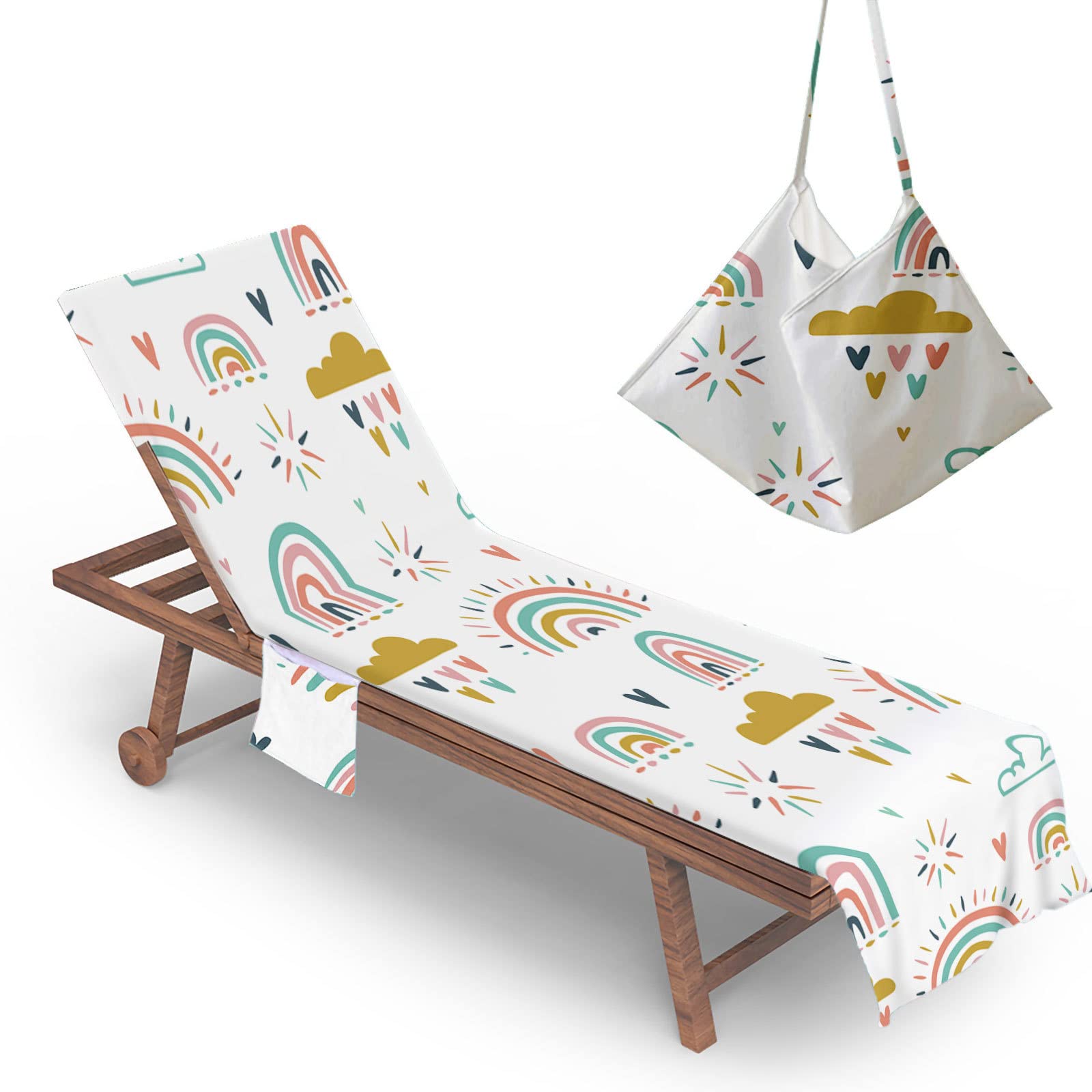 RRrawgff Beach Chair Cover Towel Cartoon Rainbow Print Beach Towel Lounger Bags with Pockets, Fitted Microfiber Sunbed Towels Summer Outdoor Sun Lounger Towels (73x210cm,Style H)