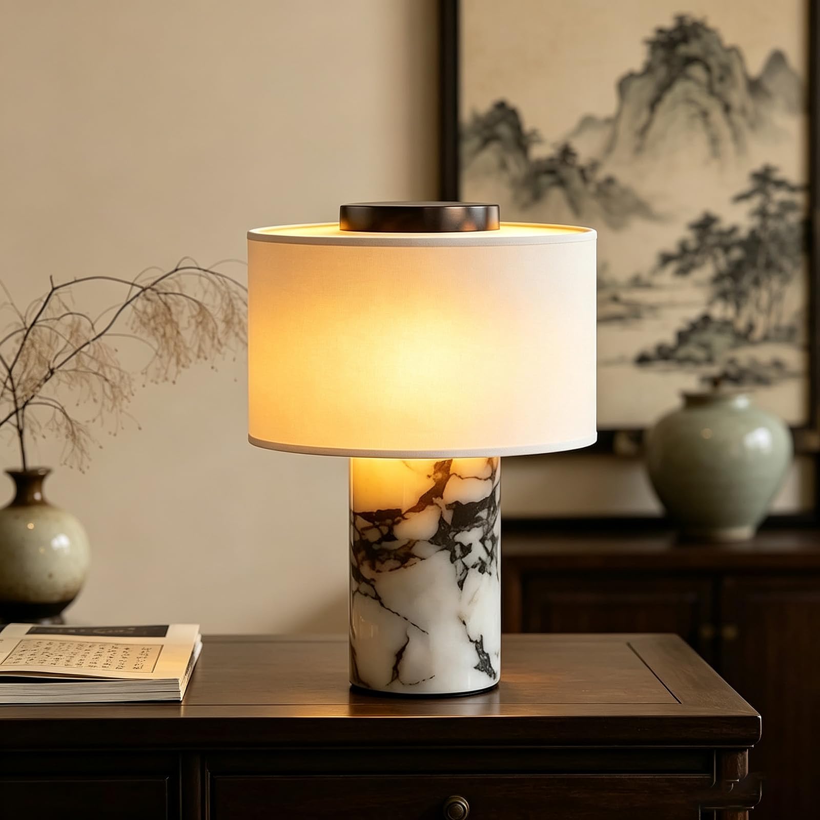 Lámpara De Mesa Recargable Táctil De Lujo Con Base De Mármol Y Pantalla De Lino, Luz Nocturna Decorativa De 25 Cm (10 Pulgadas) Para Sala De Estar, Dormitorio Y Recibidor. Null Rechargeable