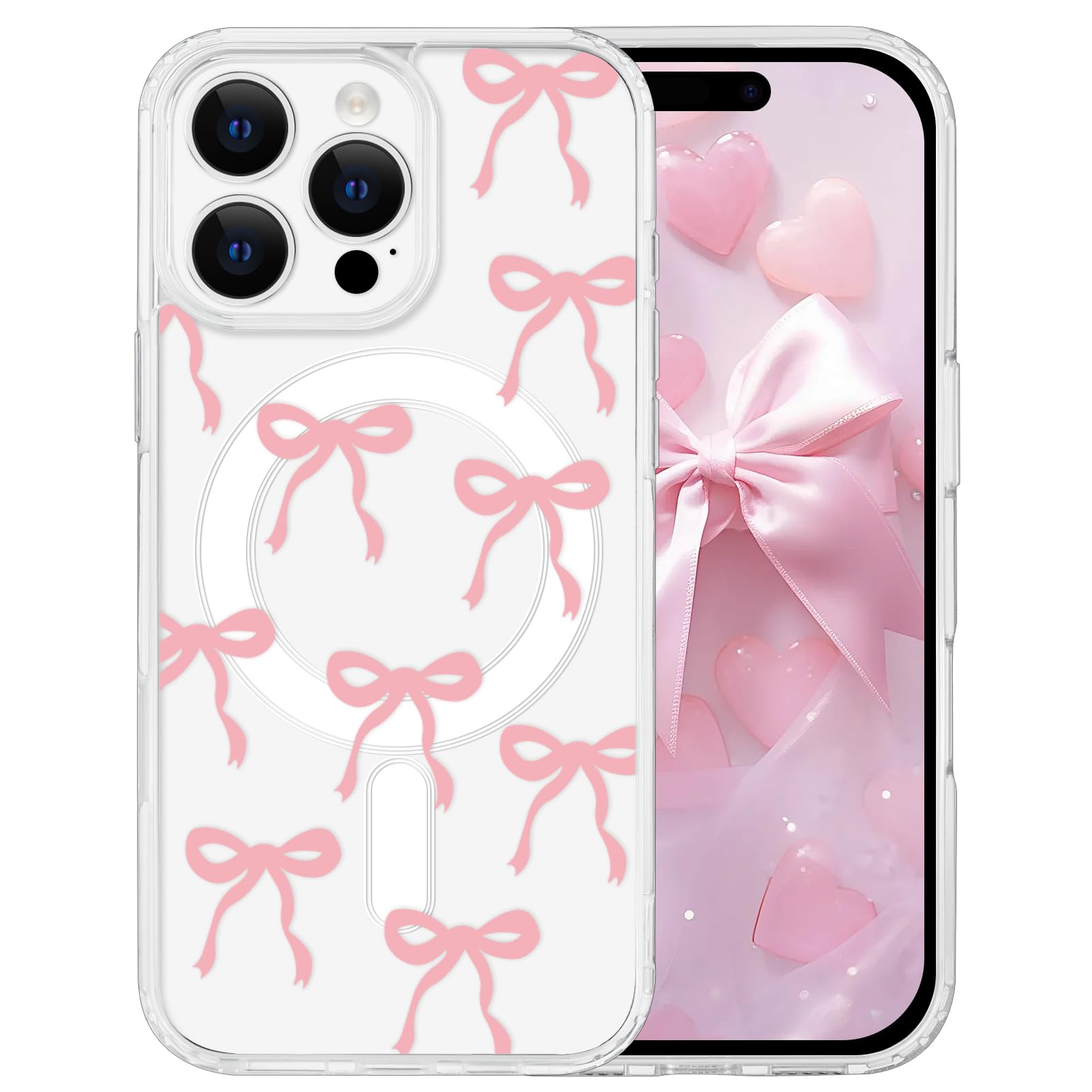 Tcaraersing for iPhone 16 Pro Bow Case Clear [Compatible with MagSafe] Cute Ribbon Design Magnetic Shockproof [Hard PC Back Soft TPU Edge] Slim Cover