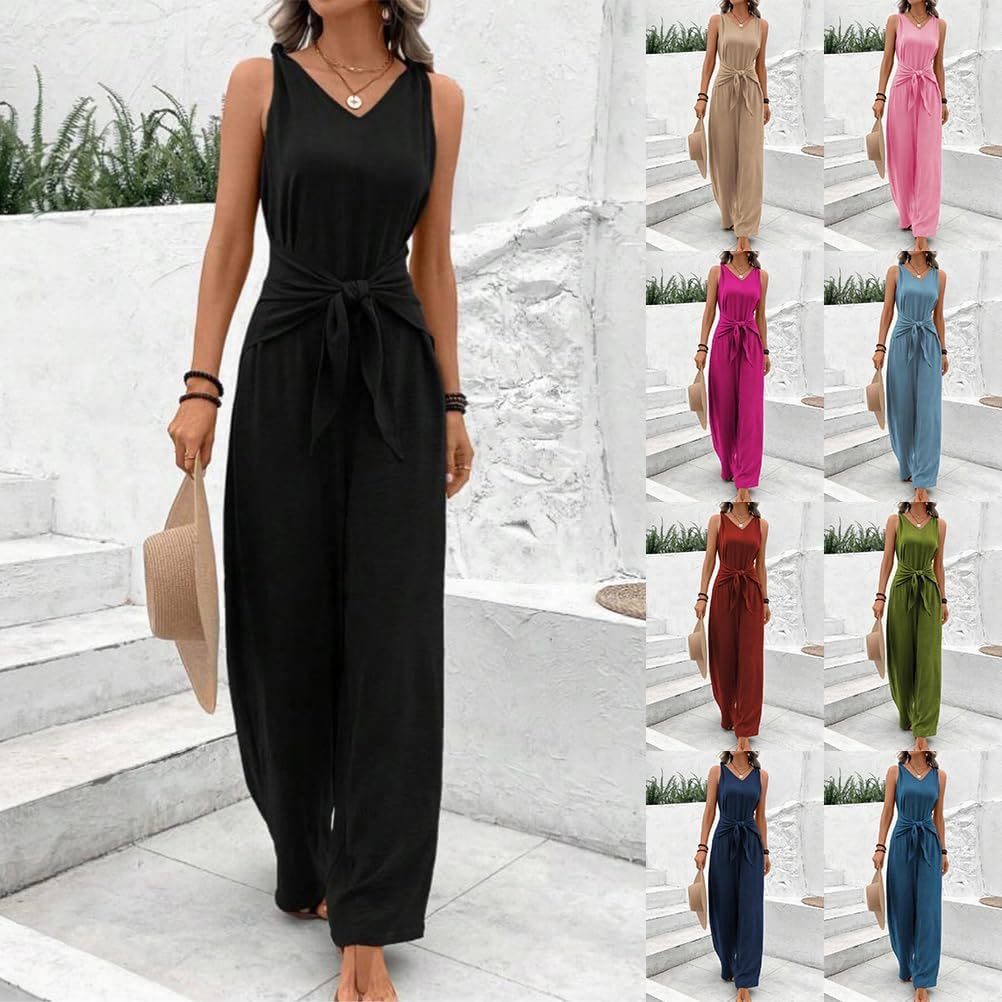 shownicer Combinaison Femme Ete Sans Manches Col en V Jumpsuit Élégant Couleur Unie Combishort