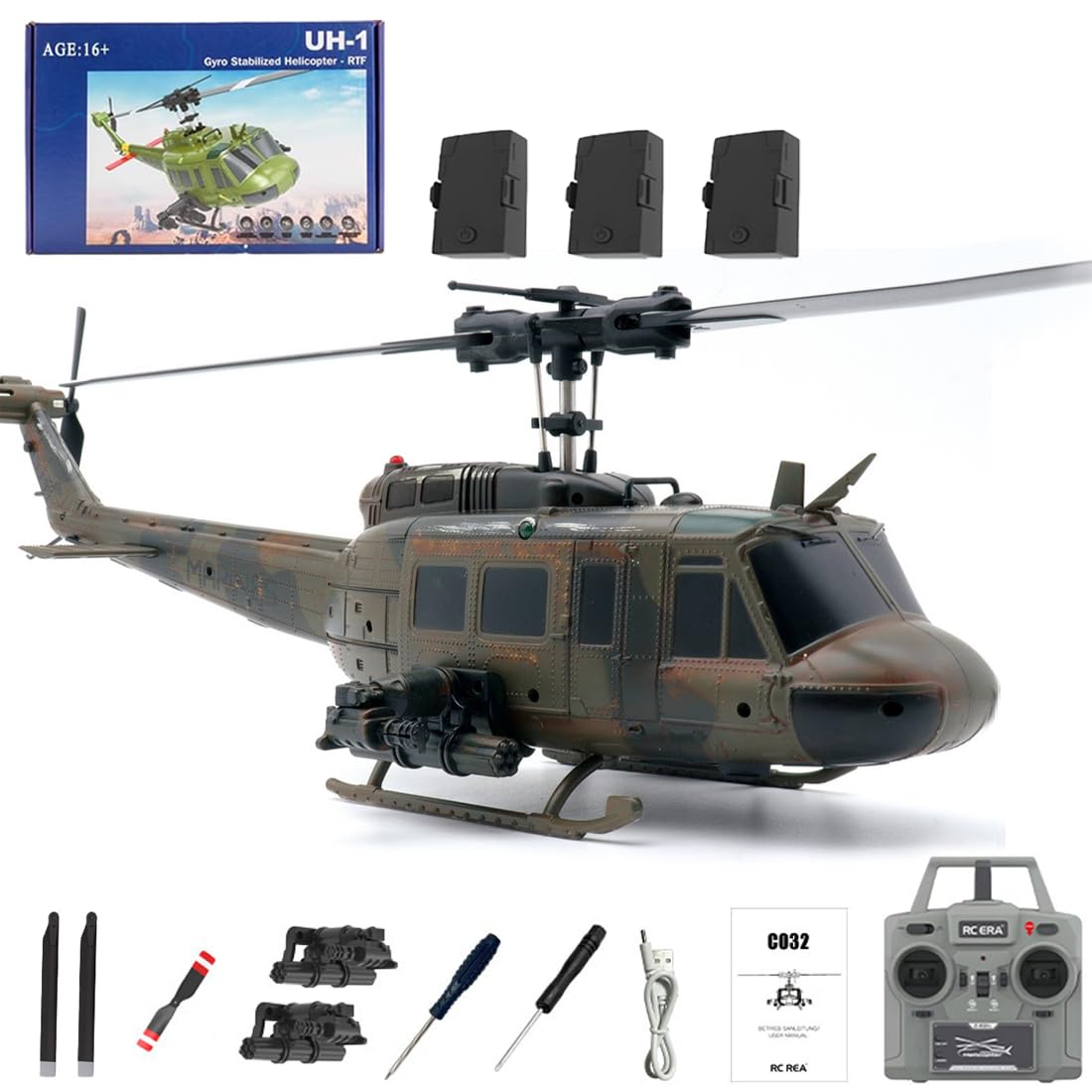 C032 UH-1 Huey RC Helicopter for Adults, 1/48 Scale 2.4G 6CH Flybarless RC Military Aircraft Model with 6-Axis Gyroscope, 3D Inverted Flight, Optical Flow Positioning - 3 Battery