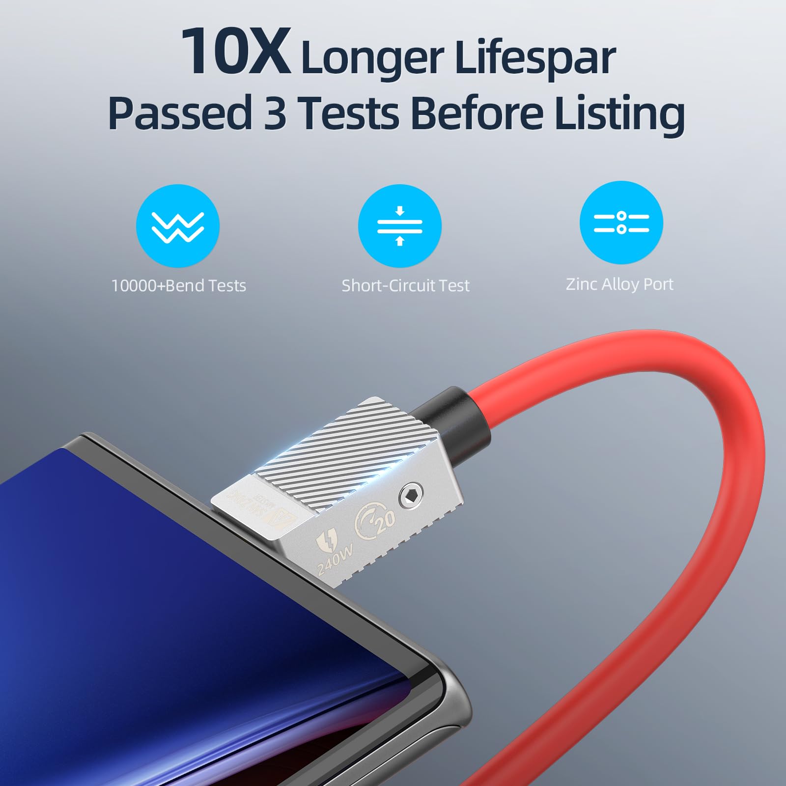 Cavo da USB C a USB C da 240W per cavo USB 3.2 Gen 2 compatibile con Thunderbolt 2, E-Marker da 240W, cavo DisplayPort 4k60hz, cavo di trasferimento dati a ricarica rapida da 20 Gbps 0,5 m, rosso